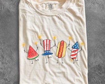 Cute 4th of July Shirt, Funny Patriotic Doodle Tee, Retro BBQ America Graphic Shirt, Kawaii Independence Day Family Gift