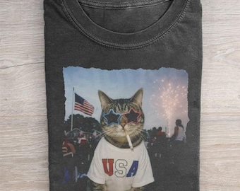 USA Cat Shirt, Funny 4th of July Cat Tee, Patriotic Sunglasses Gift, Retro America Fireworks Graphic Comfort Independent Day T-shirt