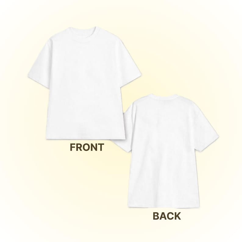 May include: A plain white short-sleeved t-shirt shown from two perspectives. The left side displays the front view of the shirt, while the right side displays the back view. The word FRONT is printed below the first shirt and BACK below the second.