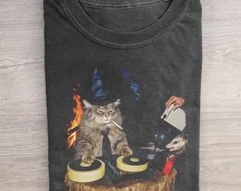 Wizard Cat DJ Shirt, Funny Opossum Weirdcore Tee, Sarcastic Witchcraft Gift, Retro Surrealist Collage Graphic Comfort Chaotic Meme T-shirt