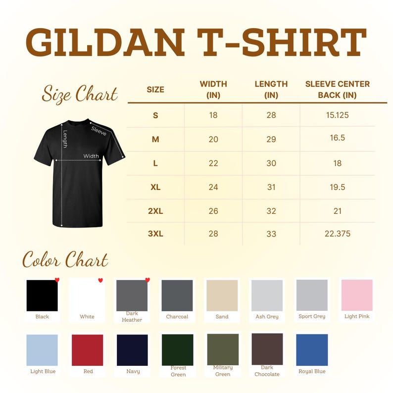 May include: A Gildan T-Shirt size and color chart featuring a black t-shirt illustration with width, length, and sleeve measurements in inches. The table lists sizes S through 3XL with corresponding dimensions. Below, a color palette displays swatches.