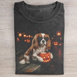 May include: A charcoal gray t-shirt featuring a graphic of a brown and white Cavalier King Charles Spaniel wearing black sunglasses. The dog is holding a small, glowing jack-o'-lantern with a whipped cream topping against a dark, bokeh background.