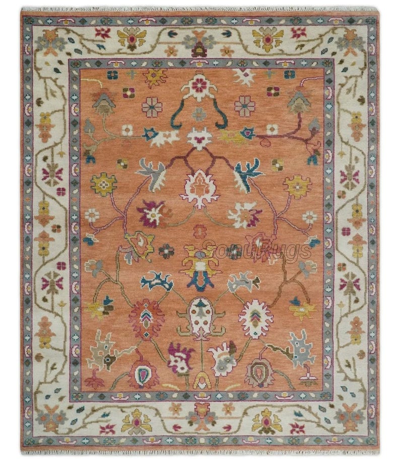 Antique Rust,beige, Oushak Hand-knotted Rug,8x10,12x14, Vintage Turkish ...