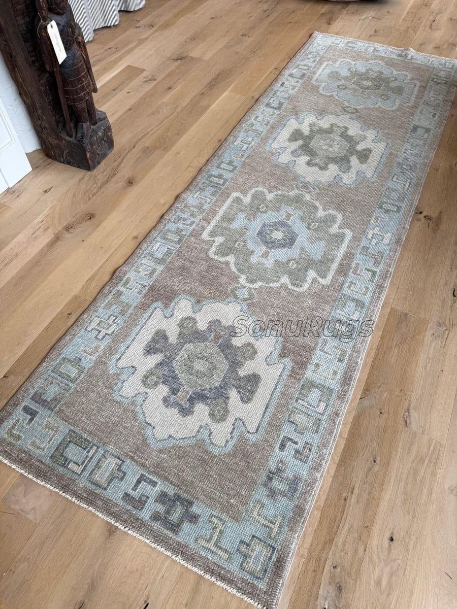 2.5x8 Oushak Hand-knotted Runner Muted Brown, Sky Blue Vintage Oushak ...