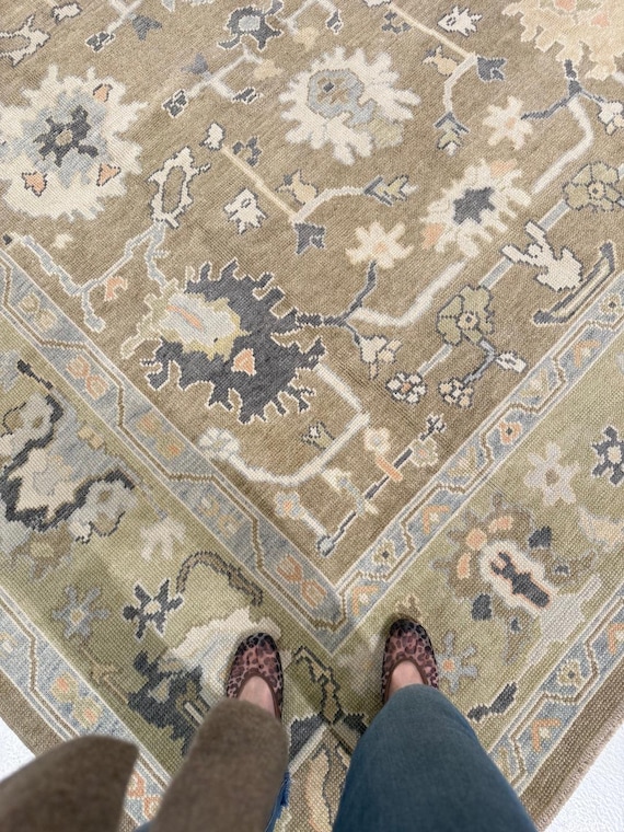 Antique Turkish Oushak Hand-knotted Rug Muted Olive 9x12 10x14 Turkish Rugs, Large Area Living Room Rug  Boho Home decor Contemporary Rug