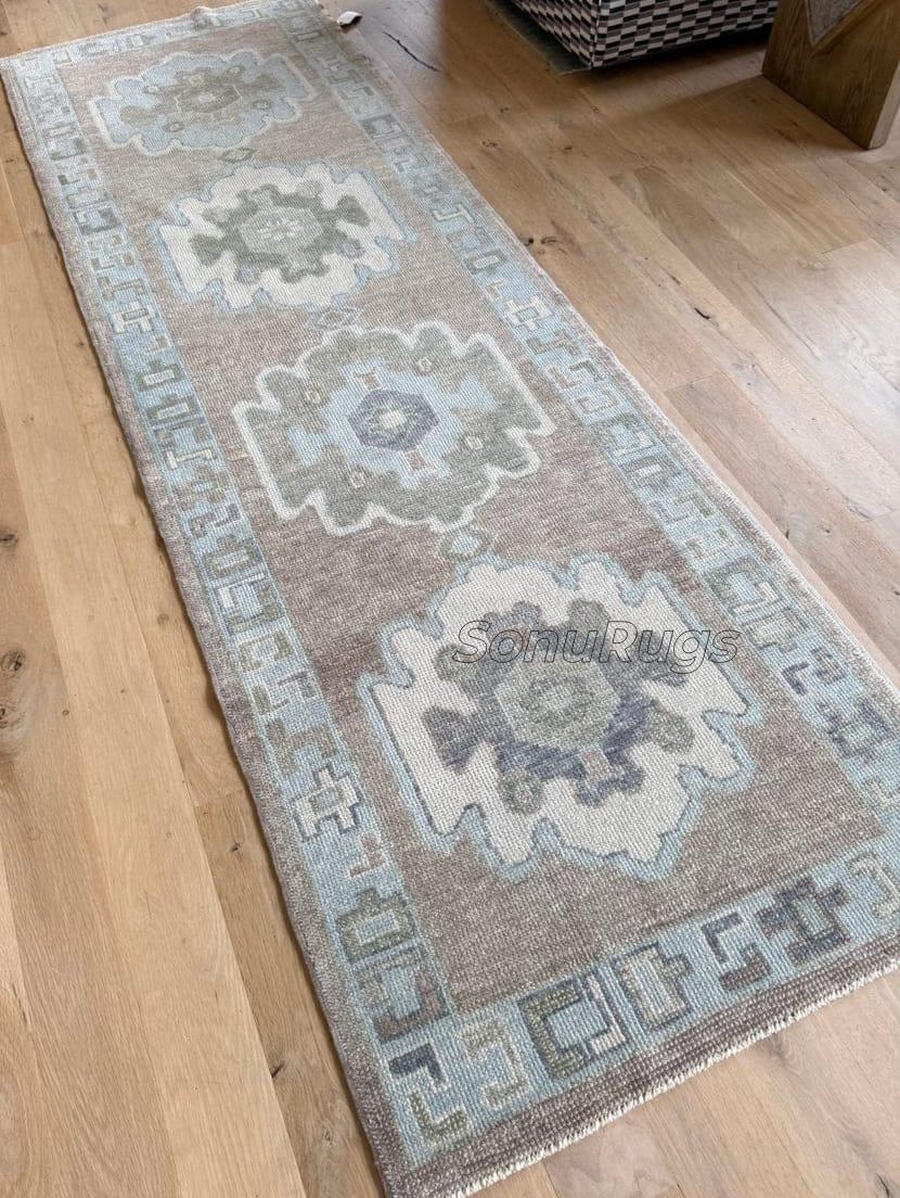 2.5x8 Oushak Hand-knotted Runner Muted Brown, Sky Blue Vintage Oushak ...