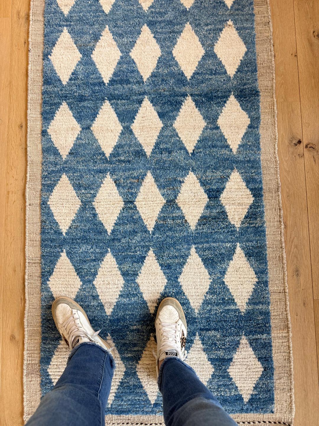 Vintage Hand-knotted Wool Runner Rug, Blue Beige Tribal Area Runner Rug ...