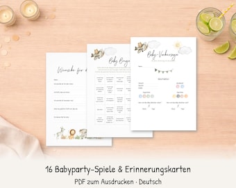 Baby Shower Games and Memory Cards Safari – 16 Cards with Bingo, Prediction & Emotional Cards as a Printable PDF – German