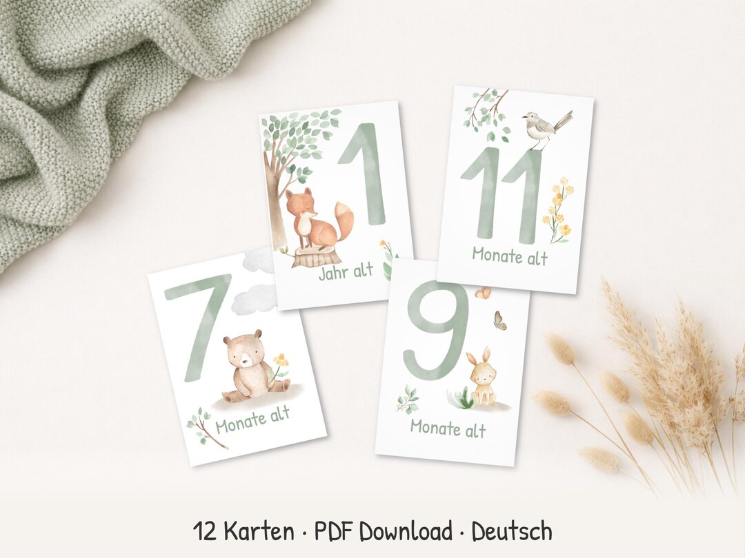 Baby Milestone Cards Woodland Animals – 12 Month Cards – A6 PDF ...
