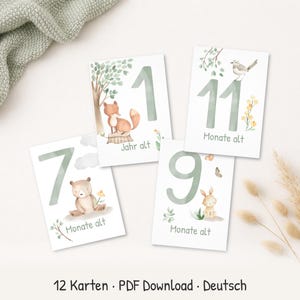 Cartes étapes bébé Animaux de la forêt – Cartes 12 mois – Téléchargement PDF A6 – Séance photo bébé – Allemand