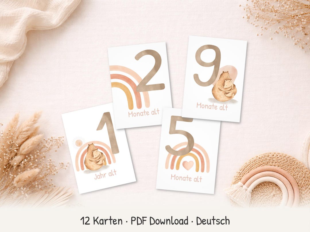 Boho Baby Milestone Cards With Rainbow and Bear – 12 Month Cards – A6 ...