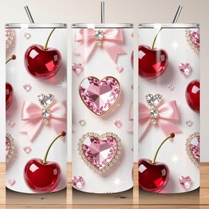 Rhinestone Cherry Bow Tumbler Wrap PNG, Pink Coquette 20oz Sublimation Design, Valentine Tumbler Digital Download