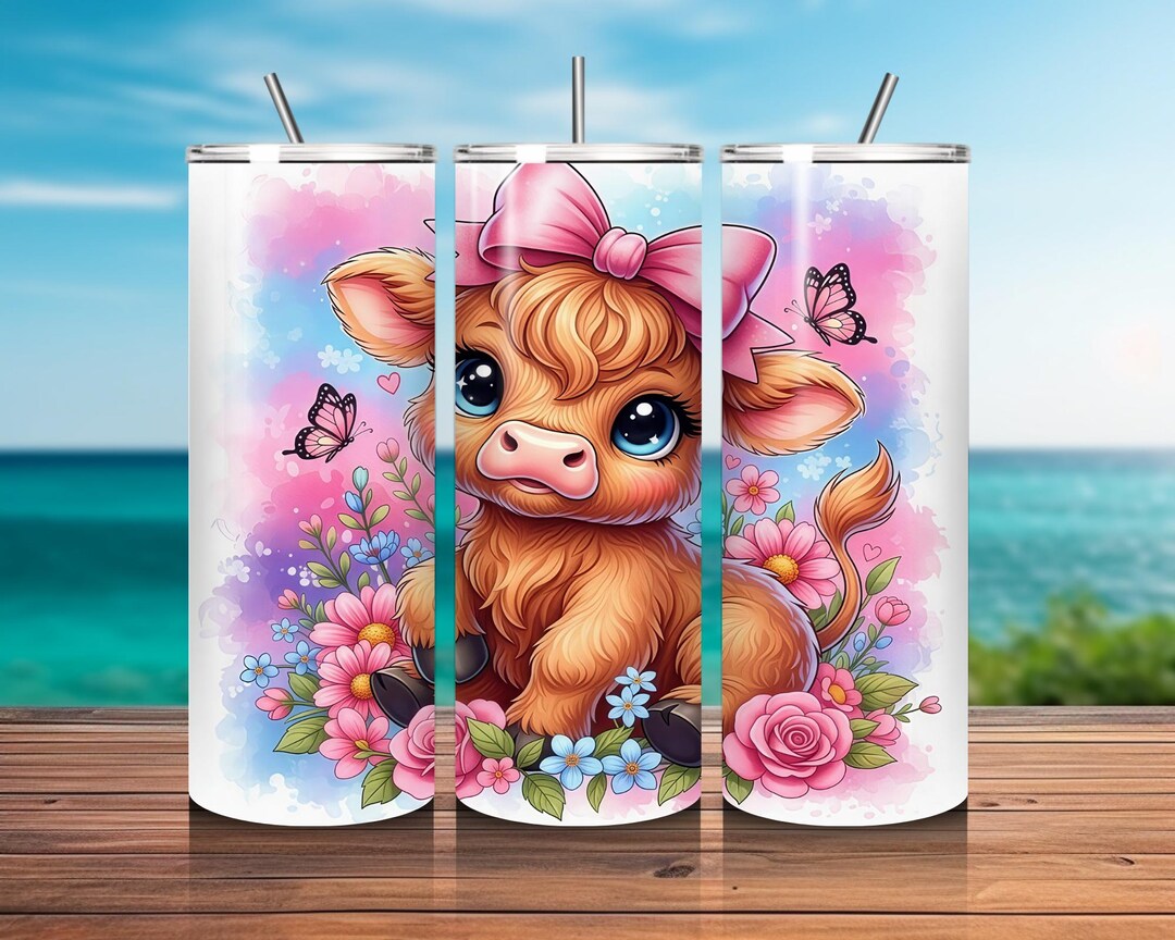 Highland Cow Tumbler Wrap, Floral 20oz Skinny Sublimation Design (PNG ...