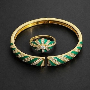 14K Gold Plated Green Enamel Bangle and Ring Set, Zircon Bracelet, Adjustable Jewelry