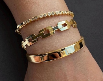 Set di bracciali impilabili in oro, con zirconi cubici, bracciale a maglie, bracciale rigido, ottone placcato 14 carati