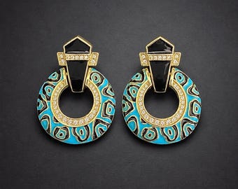Turquoise Enamel Door Knocker Earrings, Art Deco Gold Tone CZ Dangle Statement Jewelry