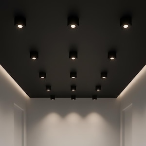 May include: A modern interior featuring a black ceiling with recessed, cylindrical spotlights. The lights are evenly spaced and emit a warm, inviting glow. The walls are white, creating a contrast with the dark ceiling.