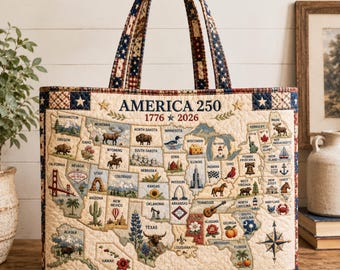 America 250 Tote Bag, Patriotic USA Map Quilted Tote, 1776–2026 Americana Shoulder Bag, Vintage State Map Travel Tote