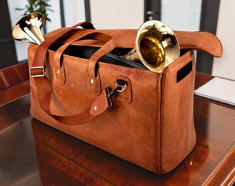 Funda de cuero personalizada para dos trompetas, estuche para dos trompetas, bolsa de transporte para trompeta piccolo, estuche de viaje acolchado para instrumentos de viento metal.