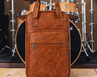 Zaino personalizzato in pelle per bacchette da batteria, organizer per accessori per percussioni, borsa per bacchette da batterista con tasche, regalo per musicisti.
