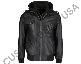 Chaqueta de moto de cuero negro personalizada para hombre – Chaqueta de carreras vintage con capucha, regalo para él