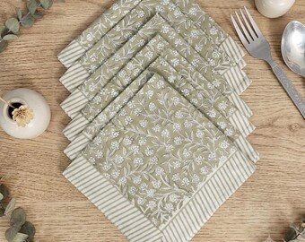 Green Hand Block Print Cotton Napkins Set of 6, Bulk Floral Wedding Party Napkin, Reusable Eco Washable Farmhouse Table Linens