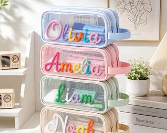 Personalized Clear Pencil Case,Custom Name Pencil Pouch, Embroidered Stationery Bag,School Supply Organizer, Makeup Travel Bag,Gift for Kids