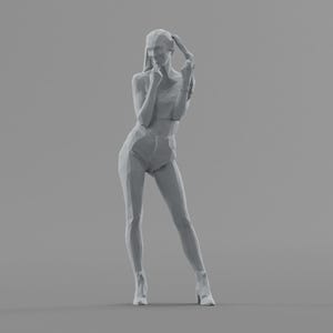 May include: A grey, low-poly 3D model of a person in a crop top, high-waisted shorts, and heeled boots. The figure is posed with one hand near the face and the other holding the hair up. The background is a solid grey.
