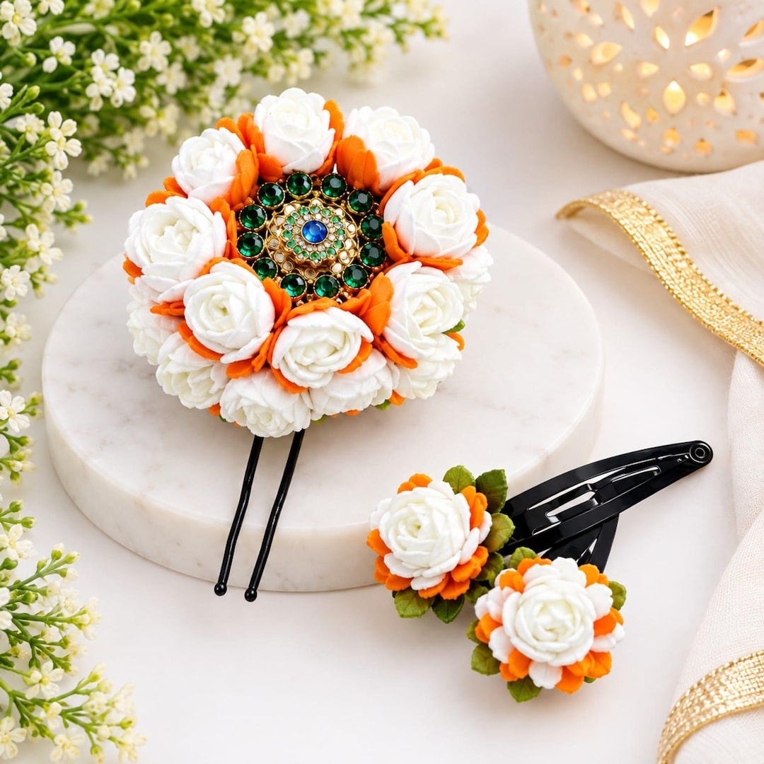 Flower Hair Accessory Set, 2 Piece Floral Hair Clips and BunIndian Flower Hair Accessory Set, 2 Piece Floral Hair Clips and BunIndian
