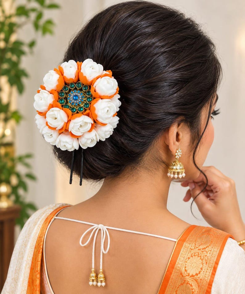 Flower Hair Accessory Set, 2 Piece Floral Hair Clips and BunIndian Flower Hair Accessory Set, 2 Piece Floral Hair Clips and BunIndian