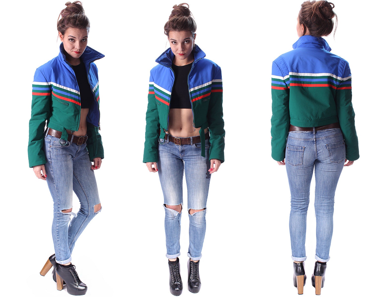 PUFFY JACKET Retro 80s Ski Jacket 70s Bright Blue Green Etsy