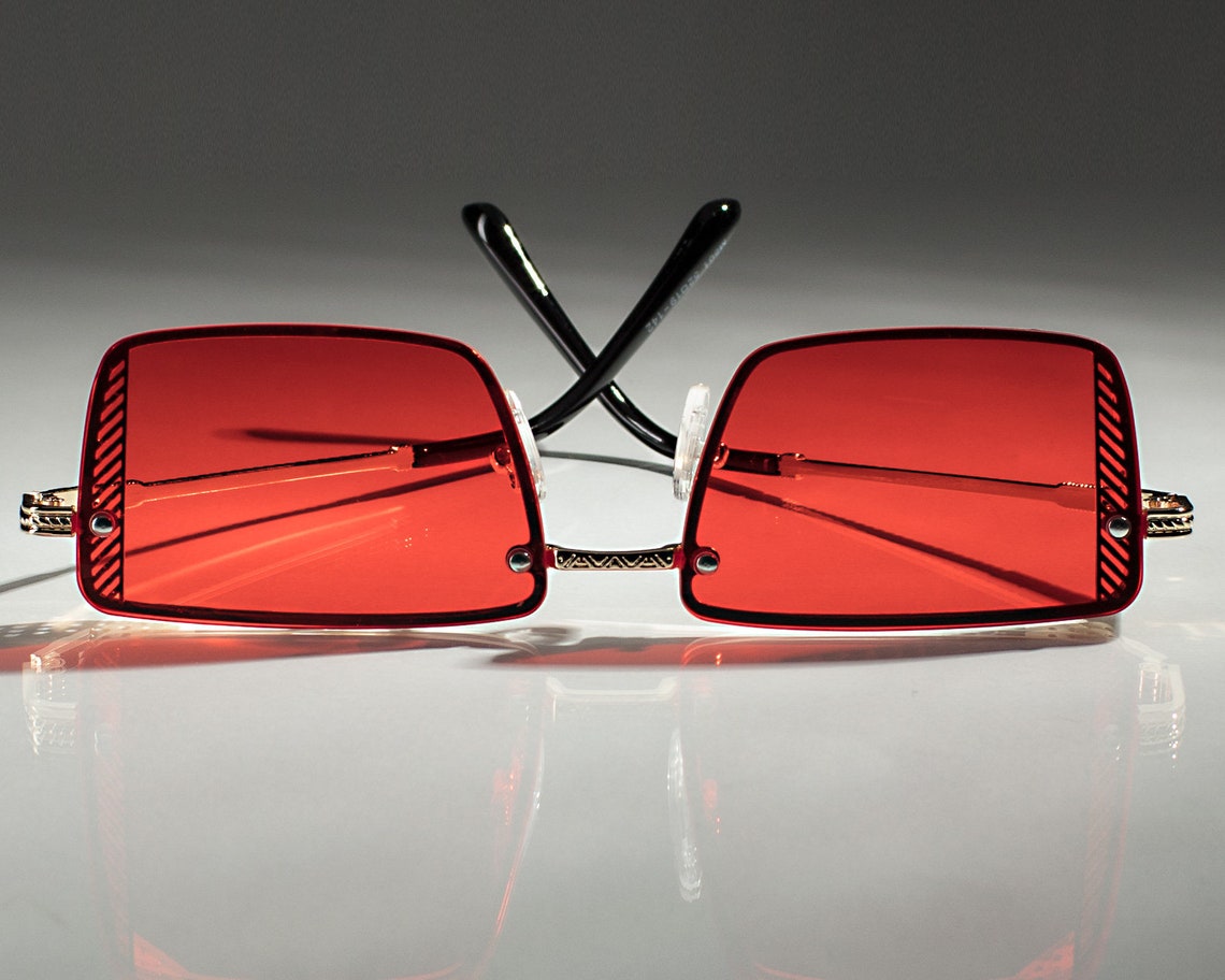 Red BAD BOY Sunglasses Small 90s Rectangle Rimless Gold Side Etsy