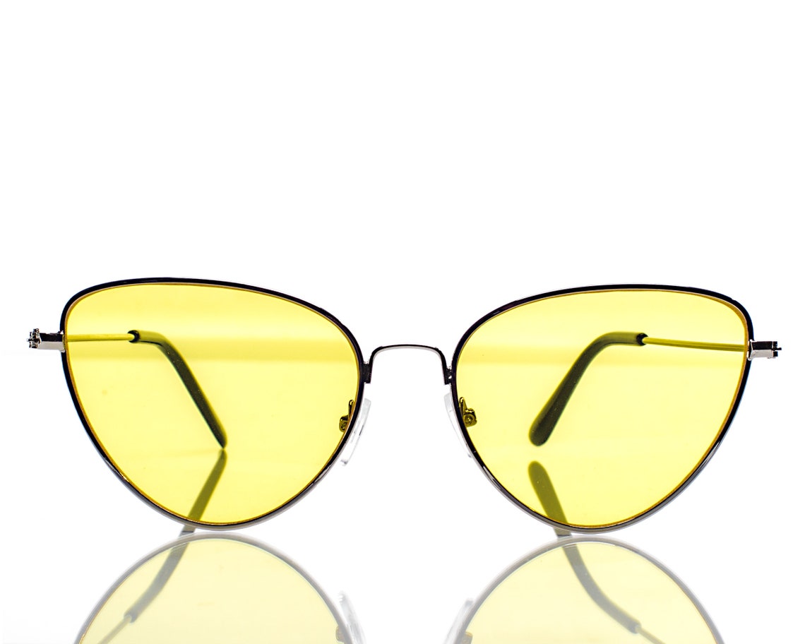 Yellow 90s Sunglasses Designer Cat Eye Gold Metal Frame Shades Etsy