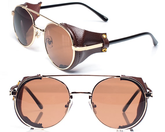 Tabak Brown Steampunk Sunglasses 90s Leather Side