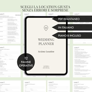 Può includere: Una guida per wedding planner con il testo "Wedding Planner" e "Sezione Location". La guida include 12 pagine ed è disponibile in italiano. Sono visibili anche i testi "PDF Istantaneo" e "Piano B Incluso".