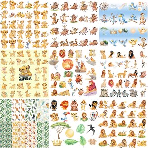 Puede incluir: Una colección de ilustraciones digitales con personajes de El Rey León, incluyendo a Simba, Nala, Timon, Pumbaa y Zazu en varias poses, junto con hojas tropicales, una corona y el texto SIMBA, presentados en un diseño de cuadrícula.