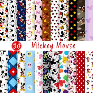 May include: A collection of 30 digital patterns featuring Mickey Mouse and friends in various styles, including polka dots, camouflage, and character prints. The text 30 Mickey Mouse is displayed in red script over a white background.