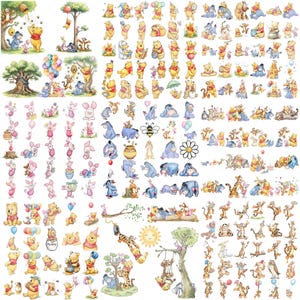 May include: A collection of watercolor-style illustrations featuring Winnie the Pooh, Piglet, Eeyore, Tigger, and other characters in various poses, including holding balloons, honey pots, and interacting with trees, flowers, and bees.
