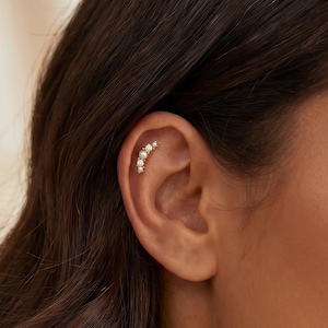 18K Gold Filled Pearl CZ Earrings, Flat Back Cartilage Studs, Threaded Helix Piercing Jewelry, Dainty Crystal Ear Studs, Minimalist Gift