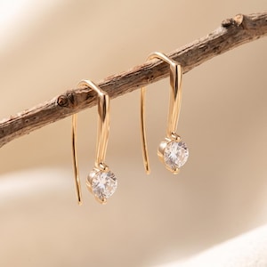 18K Gold Filled Minimal Drop Earrings, Dainty CZ Hook Earrings, Elegant Simple Dangle Studs, Chic Everyday Jewelry, Trendy Gift for Her