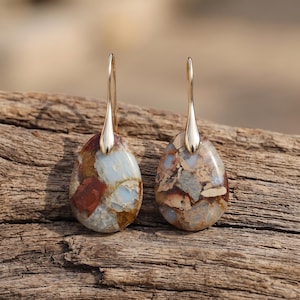 May include: A pair of teardrop-shaped earrings featuring polished, multicolored stone inlays with shades of brown, cream, and blue. Each stone is set in a smooth, gold-toned metal frame with a curved hook attachment for secure placement.