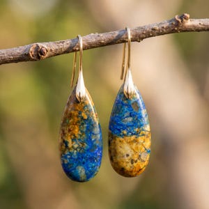 May include: A pair of teardrop earrings with gold-coloured hooks. The earrings display a blue and gold stone with a unique pattern. The earrings are suspended from a small branch against a blurred green backdrop.
