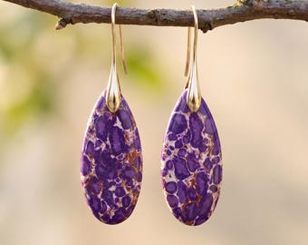 Pendientes de piedra natural morada, pendientes colgantes en forma de lágrima, pendientes llamativos de estilo bohemio, regalo de joyería con piedras preciosas para mujer.
