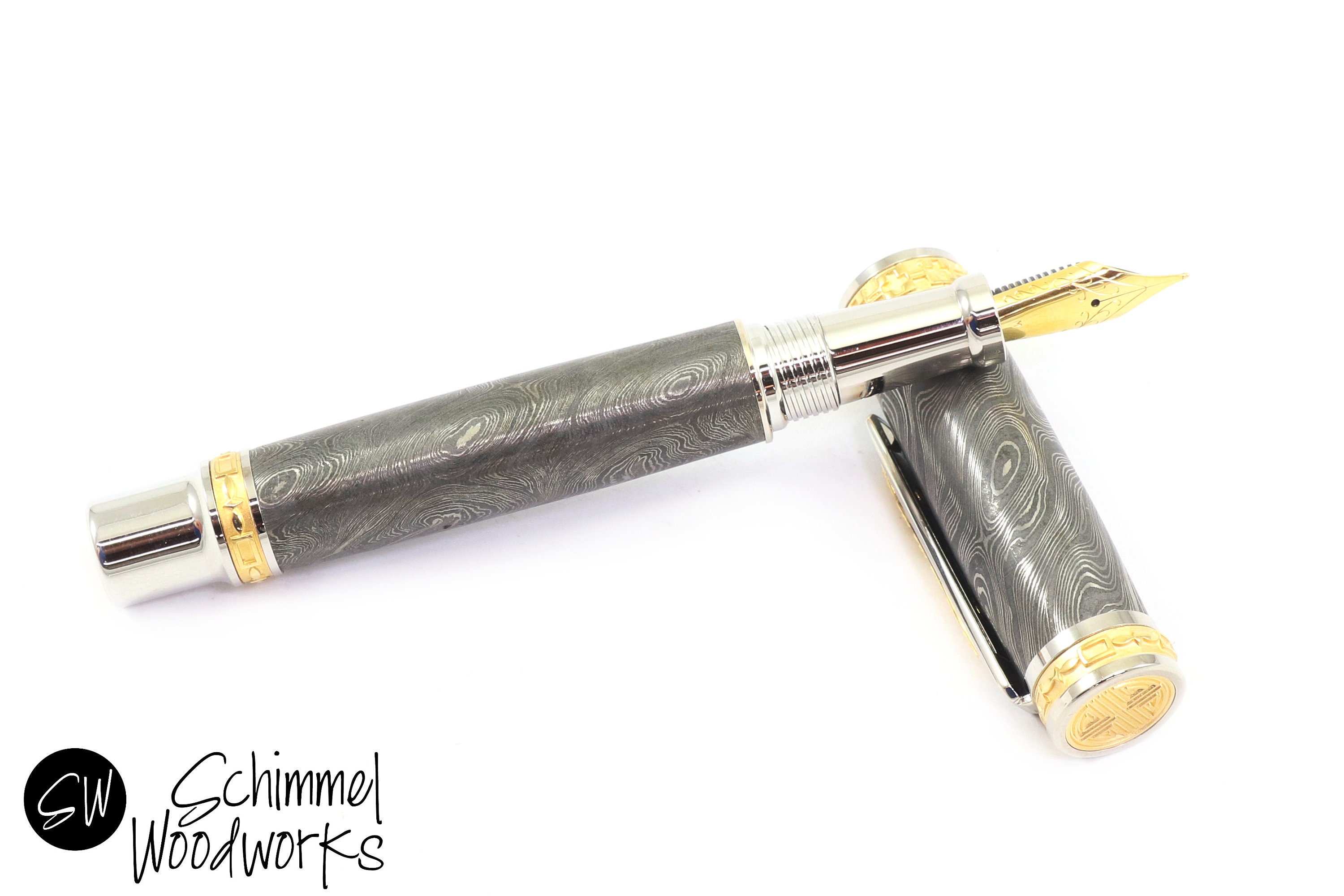 Damascus Fountain Pen - Rhodium & Gold Accents - Etsy