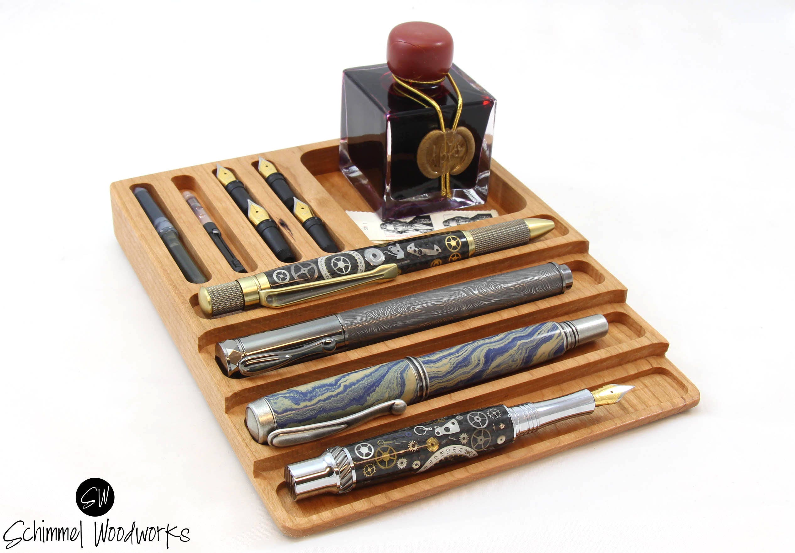 Cherry or Walnut wood Fountain Pen tray with Desk Organizer.