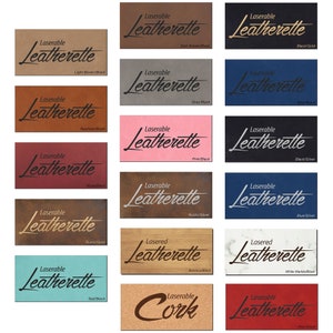 May include: A collage of 15 different color and material samples of laserable leatherette. Each sample has the text "Laserable Leatherette" printed on it in black text. The samples include colors like light brown, dark brown, gray, pink, red, blue, teal, white, and black. The materials include leatherette, cork, bamboo, and marble.