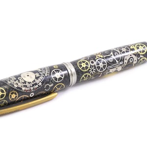 May include: A pen with a black and silver body, adorned with intricate clockwork gears in gold and silver. The pen features a silver tip and a gold-colored clip, showcasing a steampunk aesthetic.