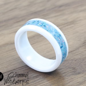 Blue Opal White Ceramic Ring
