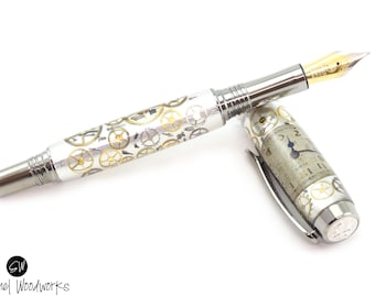 Elgin Fountain Pen - Vintage Elgin Watch Part Pen - Black Titanium & Rhodium metal plating
