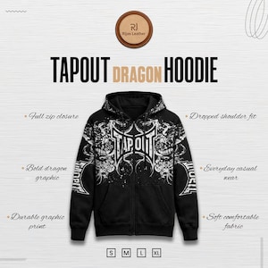 May include: Black Tapout Dragon Hoodie with a full zip closure, dropped shoulder fit, and a bold dragon graphic. The hoodie features a durable graphic print and is made of a soft, comfortable fabric. Sizes available: S, M, L, XL.